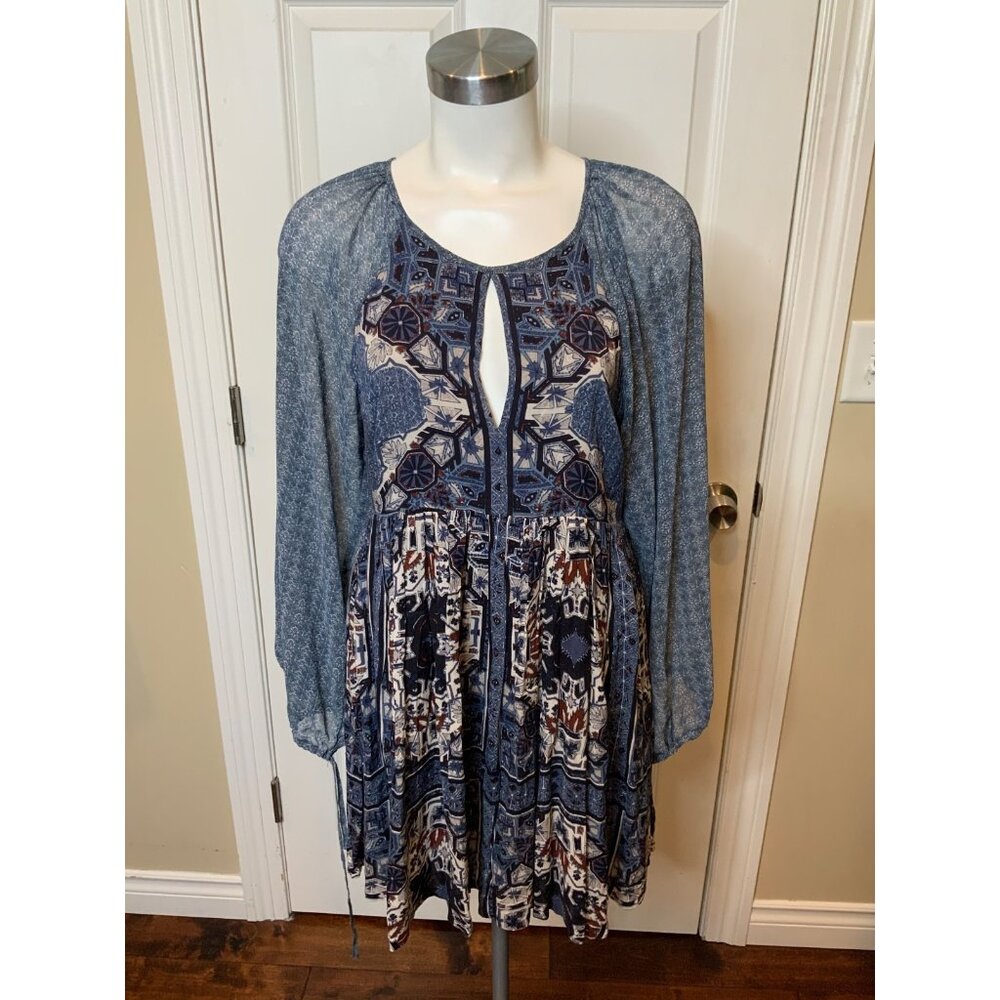 Free People Blue Boho Long Sleeve Floral Print Mini Dress, Size 4